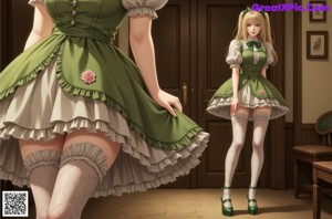 A woman in a green dress and white stockings posing for a picture.