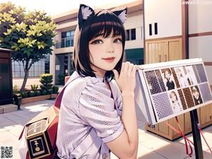 A woman in a school uniform posing for a picture.