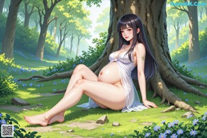 A pregnant woman sitting in the woods next to a tree.