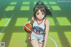 A woman holding a basketball in front of a crowd of people.