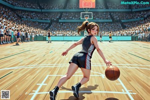A girl in a yellow and green uniform dribbling a basketball.