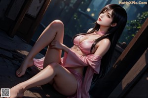 A woman in a pink dress sitting on a bed.