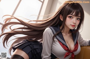A woman in a school uniform sitting on a bed.