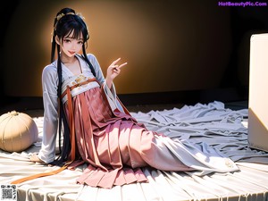 A woman in a pink kimono holding a fan.