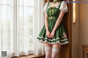 A woman in a green dress sitting on a couch.
