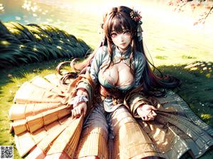 A woman in a kimono standing next to a body of water.