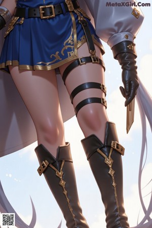 A woman in a blue top and black boots is posing for a picture.
