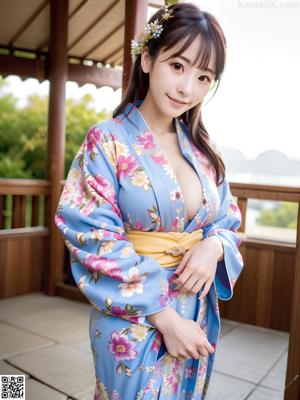 A naked asian woman in a kimono sitting on a bed.