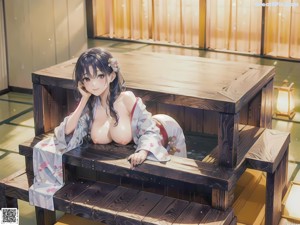 A woman in a pink kimono sitting on a balcony.