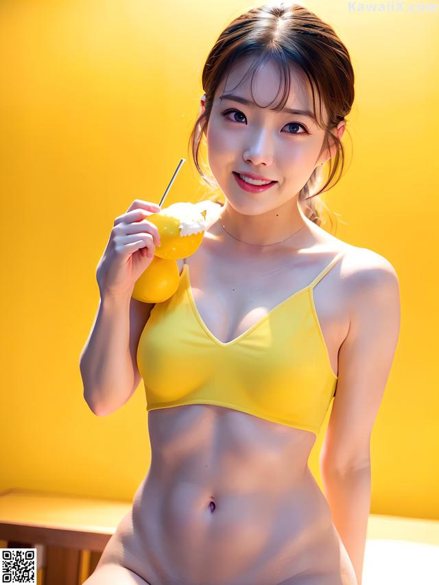 A woman in a yellow bikini holding a lemon.