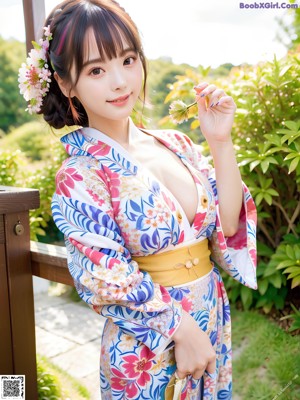 A woman in a blue kimono and a straw hat posing for a picture.
