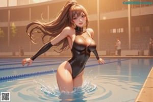 A woman in a black bathing suit sitting by a swimming pool.