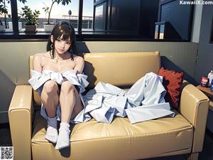 A woman sitting on top of a bed next to a window.