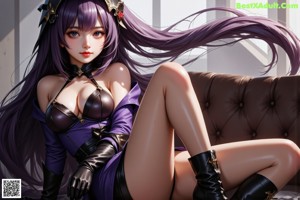 A woman with long purple hair wearing a crown.