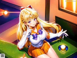 A woman in a sailor outfit sitting on a table.
