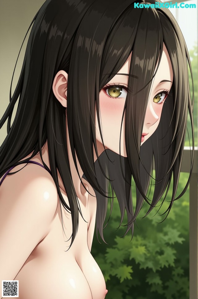 A woman with long black hair and green eyes is posing naked.