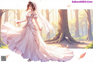 A woman in a wedding dress standing in the woods.