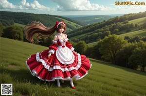 A woman in a red and white dress standing on a wooden deck.