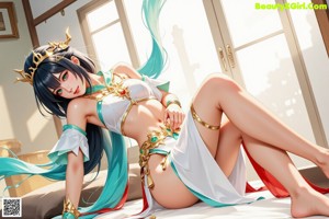 A woman in a blue and white outfit is posing for a picture.