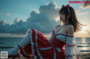 A woman in a red and white dress sitting on a window sill.