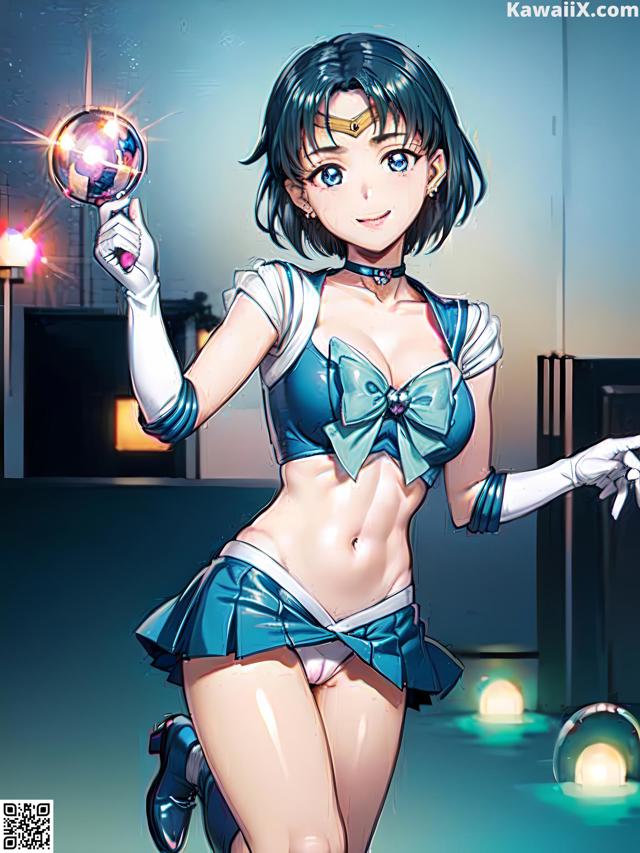 A woman in a blue and white outfit holding a crystal ball.