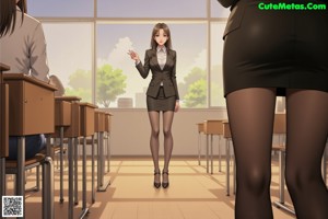 A woman in a pink suit standing in a classroom.