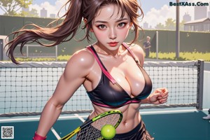 A woman holding a tennis racket on a tennis court.