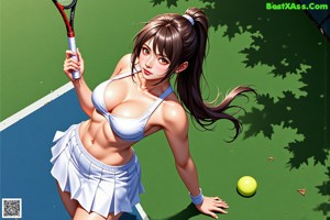 A woman holding a tennis racket on a tennis court.