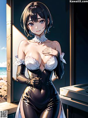 A woman in a black bathing suit sitting on a bed.