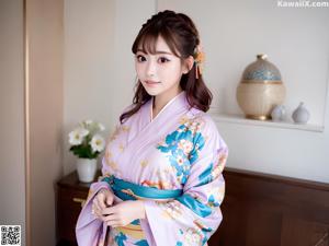 A woman in a blue and pink kimono posing for the camera.